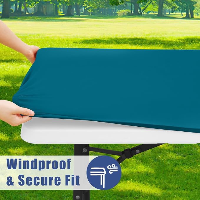 Moosfor Spandex 4 Foot Rectangle Table Cloth, Elastic Fitted Tablecloths for Picnic, Stretch Washable Patio Table Cover for Outdoor, Camping, Banquet and Parties (Peacock Blue, 24"x48")