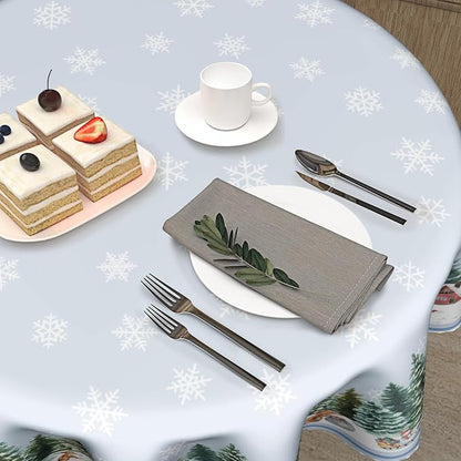 Sweetshow Winter Snowflake Blue Table Cloth Round Christmas Tree Deer Squirrel Tablecloth 60 Inch Winter Decor Washable Stain and Wrinkle Resistant Round Table Cover for Dining Party Picnic