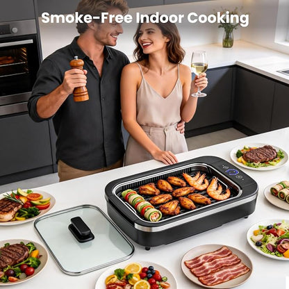 Electactic Electric Smokeless Indoor Grill & Griddle, Nonstick Contact Grill, Dishwasher Safe Parts, 6-Level Temperature Control with Auto Shut-Off, for Kitchen, Apartment, Indoor Cooking
