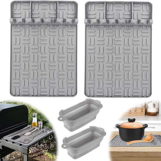 Vanys Silicone Griddle Tools Mat And Silicone Grease Cup Liners for Blackstone, Reusable Grease Catcher Cup And Silicone Spatula Mat Of Griddle Accessories For Blackstone. (4 PCS, Grey)
