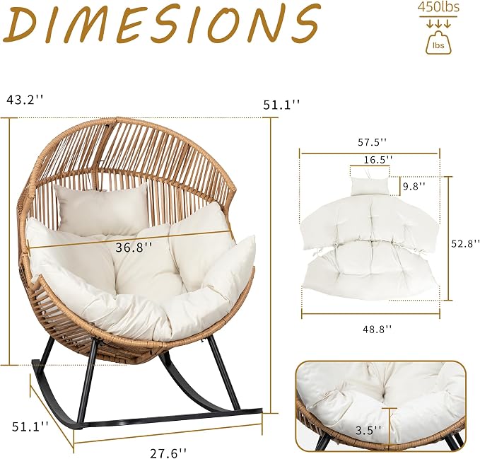 Shintenchi Egg Chair Outdoor, Oversized Outdoor Indoor Wicker Rocking Chair, Large PE Rattan Egg Rocking Chair with Cushion for Patio, Balcony, Backyard, Garden, Beige