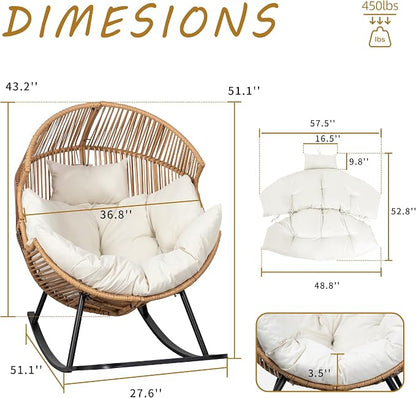 Shintenchi Egg Chair Outdoor, Oversized Outdoor Indoor Wicker Rocking Chair, Large PE Rattan Egg Rocking Chair with Cushion for Patio, Balcony, Backyard, Garden, Beige