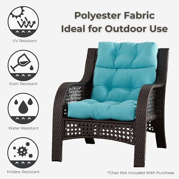 Outdoor Tufted High-Back Chair Cushions, One-Piece Hinged Seat and Back Design, Reversible with 4 Ties, Durable Polyester Fabric, Recycled Fiber Fill - Single, Teal