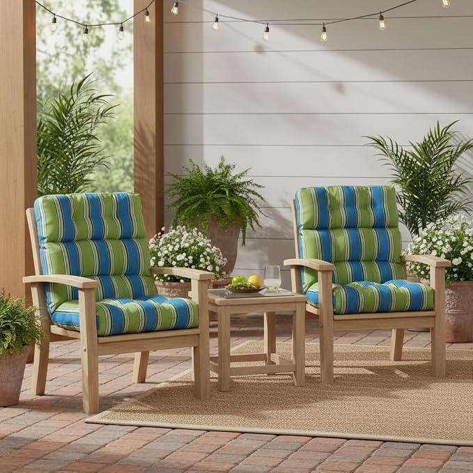 Outdoor Tufted High-Back Chair Cushions, One-Piece Hinged Seat and Back Design, Reversible with 4 Ties, Durable Polyester Fabric, Recycled Fiber Fill - Set of 2, Cayman Stripe
