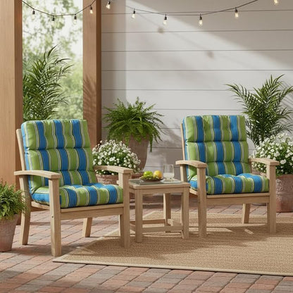 Outdoor Tufted High-Back Chair Cushions, One-Piece Hinged Seat and Back Design, Reversible with 4 Ties, Durable Polyester Fabric, Recycled Fiber Fill - Set of 2, Cayman Stripe