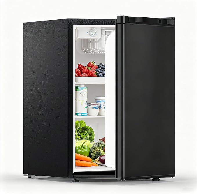 COWSAR 2.6 Cu.Ft Dorm Fridge with Freezer, Single Reversible Door Compact Refrigerator, Adjustable Thermostat, 2 Removable Shelves, Commercial Drink Fridge for Bedroom, Office, Kitchen, Dorm, Black