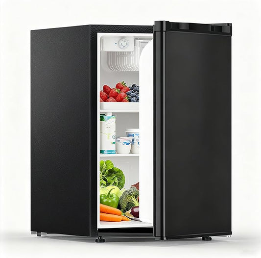 COWSAR 2.6 Cu.Ft Dorm Fridge with Freezer, Single Reversible Door Compact Refrigerator, Adjustable Thermostat, 2 Removable Shelves, Commercial Drink Fridge for Bedroom, Office, Kitchen, Dorm, Black