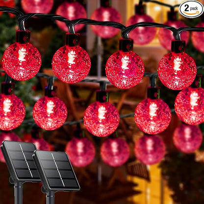 LORRYTE Solar String Lights Outdoor 2 Pack 72FT 120 LED Red Patio Lights | Crystal Globe, IP65 Waterproof, Auto On/Off, 8 Modes Solar Powered Light for Outside Halloween Party Garden Yard Decorations