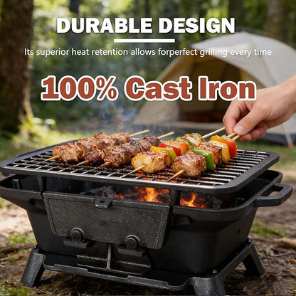 Oval Cast Iron Grill Outdoor, Portable Small Charcoal Grill with Tabletop Cast Iron Skillet, Compact Camping Charcoal Cooker, for Tailgating, Picnics & Hunting (16 * 10.2 * 7.5)