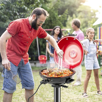 ORALNER Electric BBQ Grill with Stand, Warming Rack & Drip Tray, 15-Serving Electric Griddle Indoor & Outdoor Cooking Grilling Portable Patio Grill, for Balcony, Garden, Apartment, 1600W (Red)