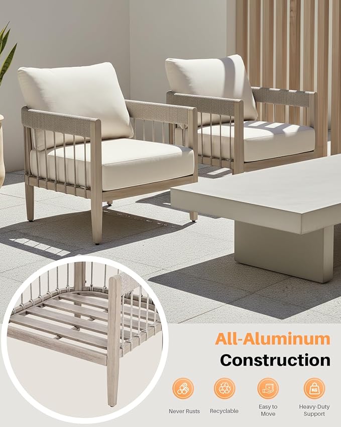 Patio Sofa Chairs Set of 2, Never-Rust Aluminum Outdoor Armchairs with Faux Wood Grain Finish, 2 Pieces Rope Weave Outdoor Sofa Chairs with Removable Cushions for Garden, Backyard, Deck