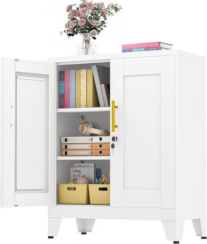 GAIOUS 36" Metal Floor Storage Cabinet, Locked Steel Storage Cabinets with 2 Doors and 2 Adjustable Shelves, White Kitchen Cabinet, Freestanding Cabinet for Home/Office/Garage/Tool Room/Bathroom
