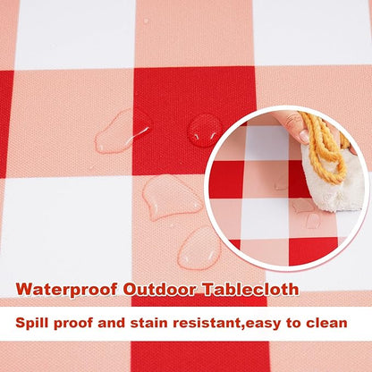 SquarePie 60x84 Inch Rectangle Outdoor Tablecloth with Umbrella HOL -Waterproof Spillproof Polyester Zipped Patio Table Cloth for Spring Summer Picnic Camping Backyard BBQs, Red Checkered