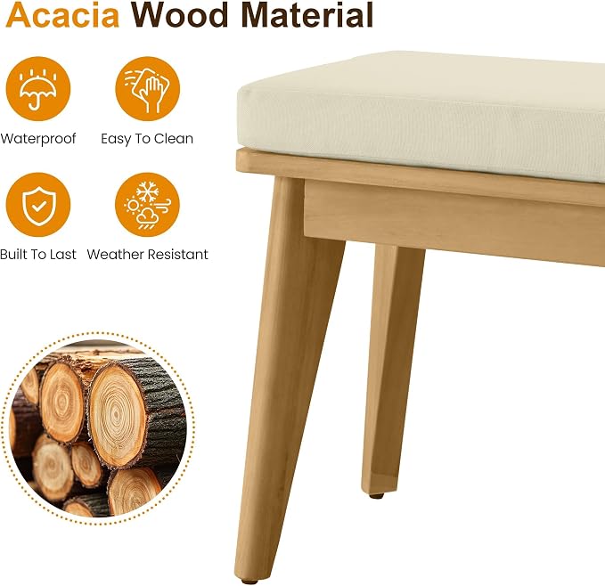 FansaFurn 3-Piece Acacia Patio Table and Chairs Set for All-Weather | Outside Furniture with Table Umbrella Hole and Removable Cushion, Backyard Furniture with Outdoor Bench for Lawn Garden