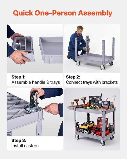 VEVOR Utility Cart, 550 lbs Capacity, 2 Tier Service Cart with 360° Swivel & Fixed Wheels (2 with Brakes), Heavy Duty Plastic Rolling with Storage Tray, Tool Storage for Garage Warehouse Workshop Gray