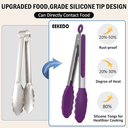 Kitchen Tongs, Stainless Steel Cooking Tongs with Silicone Tips, 600ºF High Heat-Resistant Non Scratch Locking Tongs for Cooking BBQ Grilling Air Fryer Pans, Set of 3 (7" 9" and 12") Purple