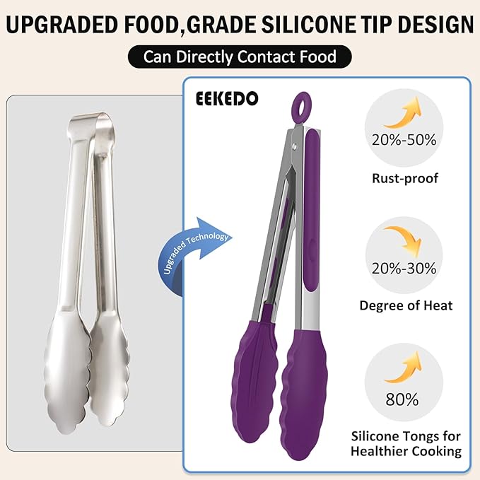 Tongs for Cooking, 600ºF High Heat-Resistant Stainless Steel Kitchen Tongs with Silicone Tips, Non Scratch, Locking Tong for BBQ Grilling Air Fryer Food Salads, Set of 2 (9" and 12") Purple