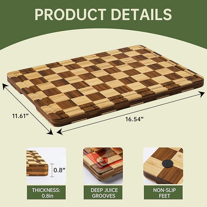 THETCHRY Bamboo Cutting Boards for Kitchen, Checkered Wooden Cutting Board with Juice Groove, Non Slip, Non Toxic Serving Tray, Thick Large Chopping Board Gift for Home Chef, 16.5” x 11.6” x 0.8”