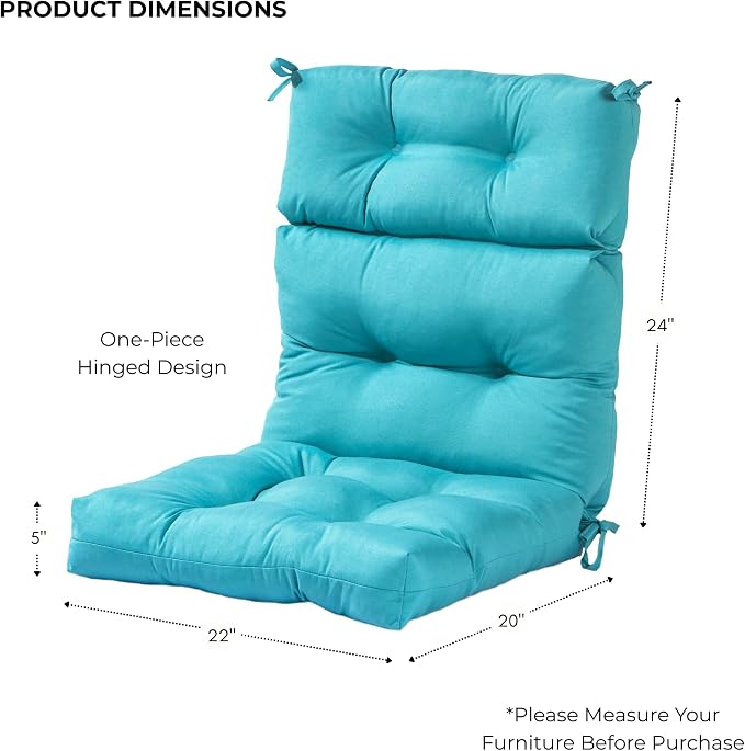 Outdoor Tufted High-Back Chair Cushions, One-Piece Hinged Seat and Back Design, Reversible with 4 Ties, Durable Polyester Fabric, Recycled Fiber Fill - Single, Teal