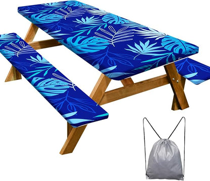 Picnic Table Cover Bench Covers Camping Essentials Tablecloth | Waterproof Vinyl for Outdoor, Windproof Elastic Fitted Edges, RV BBQ Accessories Must Haves, Storage Bag Included
