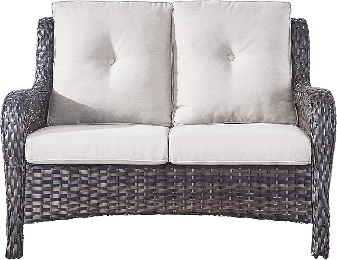 Rilyson Luxury Patio Outdoor Wicker Loveseat, 500 Lbs Weight Capacity Rattan Outdoor 2 seat Sofa Wicker with Deep Seating and Replaceable Cushions for Outside Porch Deck Balcony (Brown/Beige)
