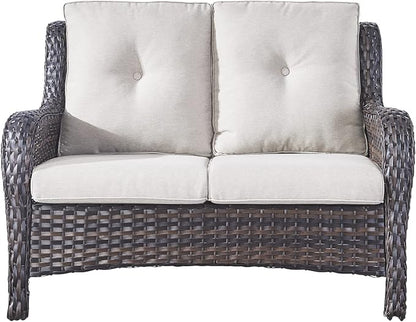 Rilyson Luxury Patio Outdoor Wicker Loveseat, 500 Lbs Weight Capacity Rattan Outdoor 2 seat Sofa Wicker with Deep Seating and Replaceable Cushions for Outside Porch Deck Balcony (Brown/Beige)