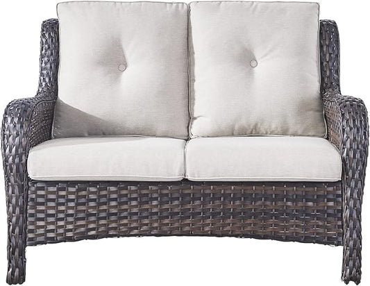 Rilyson Luxury Patio Outdoor Wicker Loveseat, 500 Lbs Weight Capacity Rattan Outdoor 2 seat Sofa Wicker with Deep Seating and Replaceable Cushions for Outside Porch Deck Balcony (Brown/Beige)