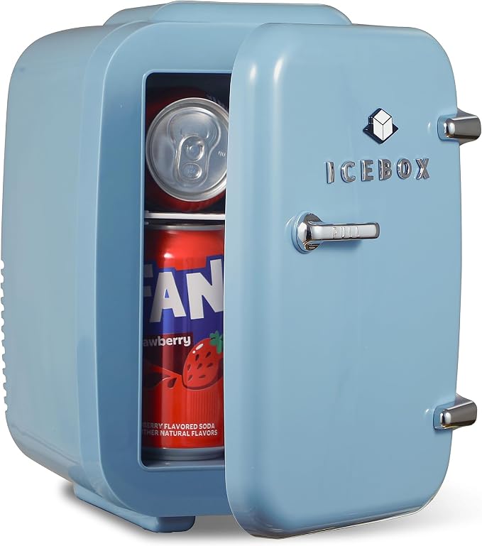 IceBox 4-Liter Mini Fridge Cooler/Warmer, IBMF4SLT, Slate Blue | Portable Refrigerator Holds 6 Cans, Compact for Skincare, Beverages and Food, Includes 120V AC and 12V Car Adapters