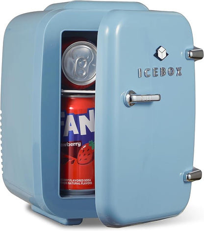 IceBox 4-Liter Mini Fridge Cooler/Warmer, IBMF4SLT, Slate Blue | Portable Refrigerator Holds 6 Cans, Compact for Skincare, Beverages and Food, Includes 120V AC and 12V Car Adapters