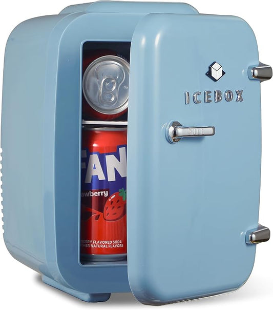 IceBox 4-Liter Mini Fridge Cooler/Warmer, IBMF4SLT, Slate Blue | Portable Refrigerator Holds 6 Cans, Compact for Skincare, Beverages and Food, Includes 120V AC and 12V Car Adapters