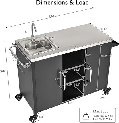 55.5" Outdoor Kitchen Island with Sink, Metal Grill Cart Table with 304 Stainless Steel Sink, Outdoor Bar Cart Sink Station with 4 Lockable Wheels and Storage Cabinet for BBQ Patio Garden (Black--@mi)