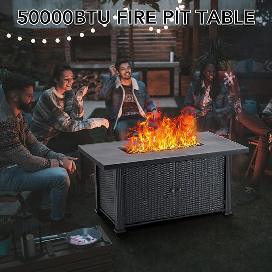 52" Propane Fire Pit Table, 50000BTU Rectangle Fire Table with Cover & Rain Cover, Sturdy Steel and Iron Fence Surface, CSA Safety Certified, Companion for Your Garden (Enlarged Version)