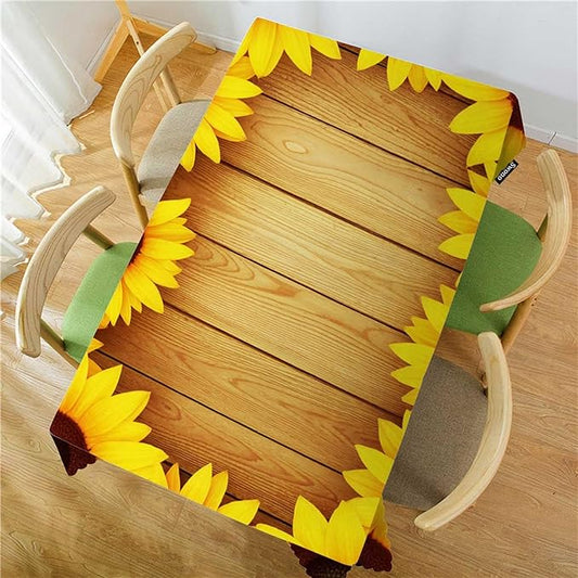 Swono Tablecloth 52"X70" Sunflowers, Beautiful Sunflowers Wooden Plank Rectangle Table Cover Anti-Oil Tablecloth for Dining Tables, Parties, Wedding and Banquet Decoration
