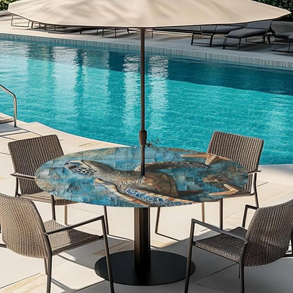 AUUXVA Round Outdoor Tablecloth with Umbrella Hole - Waterproof Patio Table Cover with Zipper Elastic Table Cloth Fits 45"-56" Tables for Party Cafe Garden Decor(Sea Turtle)