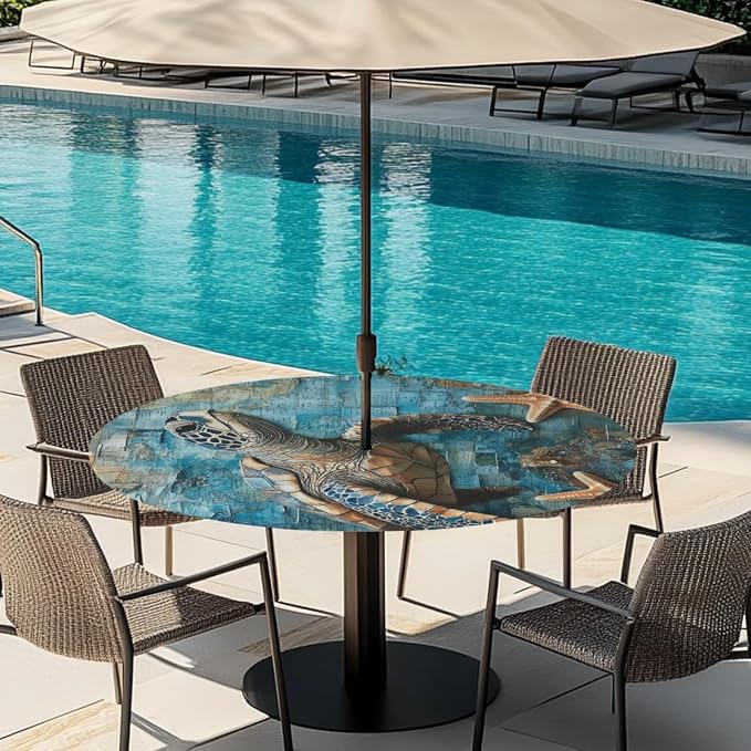 Round Outdoor Tablecloth with Umbrella Hole - Waterproof Patio Table Cover with Zipper Elastic Table Cloth Fits 36"-44" Tables for Party Cafe Garden Decor(Sea Turtle)