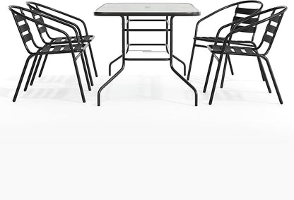 Flash Furniture Lila 5 Piece Patio Dining Set - 55" Tempered Glass Patio Table with Umbrella Hole - 4 Black Metal Aluminum Slat Stack Chairs