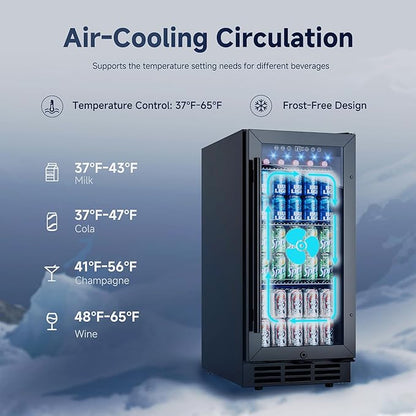 15 Inch Under Counter Refrigerator, 130 Cans Beverage Refrigerators, Large Capacity Beverage Refrigerator with Glass Door & Adjustable Shelves, for Home, Office, Bar (Black)