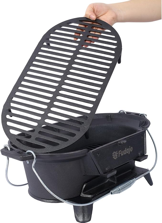 20" Oval Cast Iron Hibachi Grill, Portable Charcoal Grill With Vent Removable Grate with Handle, Yakitori Grills for Outdoor Camping Cooking, Enameled (Oval)