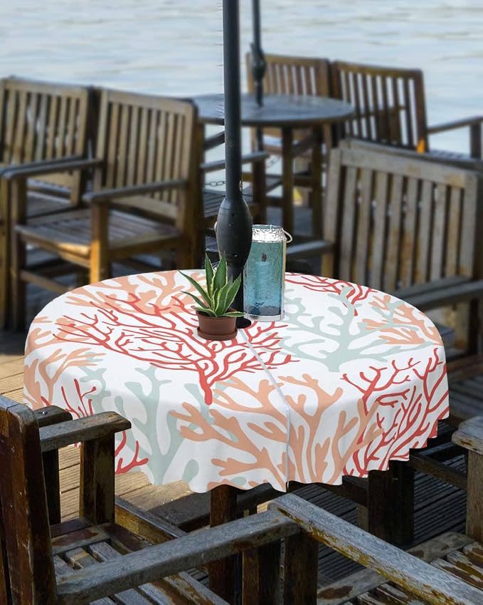 Red Orange Grey Coral Coastal Outdoor Tablecloth - 54 Inch Round Waterproof Dining Table Cover, Summer Beach Seaside Nautical Outdoor Table Cloth with Umbrella Hole & Zipper for Patio