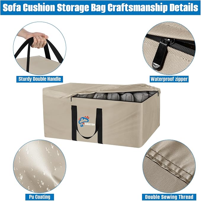 SIRUITON Cushion Storage Bag 600D Oxford,Waterproof,69"L x 29.5"W x 21.6"H | Heavy duty, rip proof, with handle & zipper, for patio & garden cushions, UV-resistant, all-weather protection