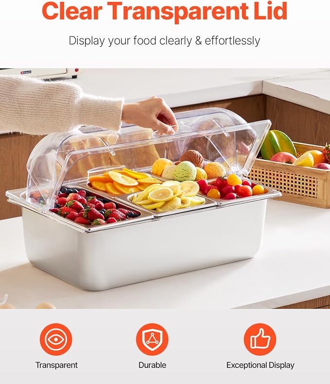 VEVOR Countertop Food Serving Display Container, 5 Pan Stainless Steel Food Serving Tray, Buffet Condiment Dispenser Display Rack with Clear Lid & 3 Freezer Boxes, for Restaurant Hotel Kitchen Party