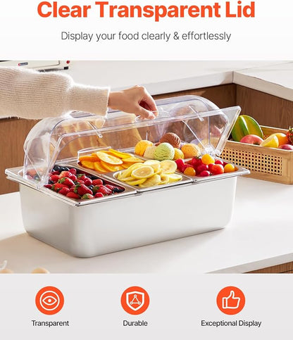 VEVOR Countertop Food Serving Display Container, 5 Pan Stainless Steel Food Serving Tray, Buffet Condiment Dispenser Display Rack with Clear Lid & 3 Freezer Boxes, for Restaurant Hotel Kitchen Party