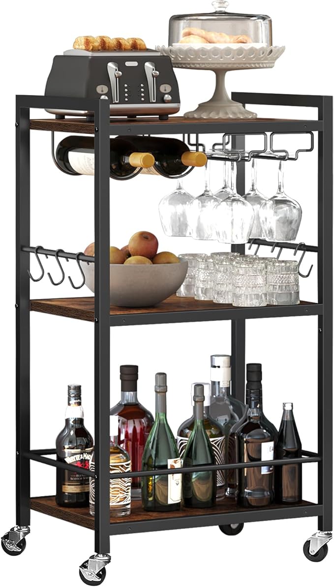 TUTOTAK Bar Cart with Wheels, Drink Cart with Wine Rack and Glass Holder | 3-Tier 17 Inch Wide Home Bar Serving Carts, Small Mobile Kitchen Shelf with 6 Hooks, Rustic Brown BC01BB032