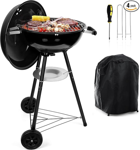 HaSteeL 18 Inch Charcoal Grill, Black Kettle Outdoor Barbecue Grill, 2-In-1 Portable BBQ Grill with Wheels for Camping Backyard Patio Picnic, Porcelain-Enameled Lid & Fire Bowl, 254.SQ.IN Cooking Area