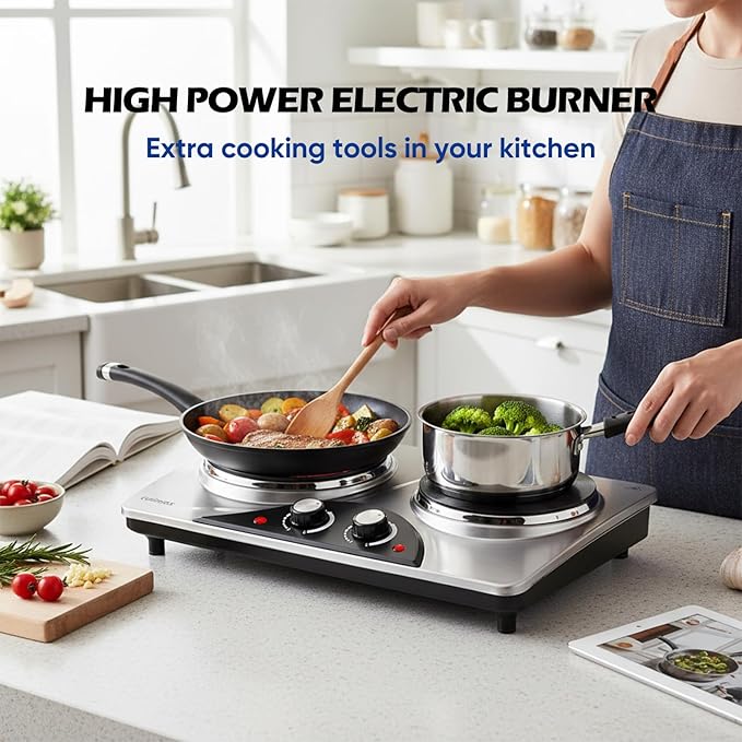Double Burner, CUSIMAX Electric Hot Plate for Cooking, 1800 Watts Portable Countertop Burner, Cast Iron Hot Plates with Dual Adjustable Temperature, Easy to Clean, Sliver