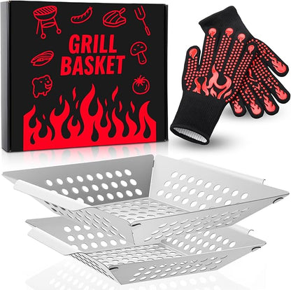 Grill Baskets for Outdoor Grills Set, 2 Sizes Stainless Steel Grill Baskets with BBQ Gloves for Veggies, Fish & Shrimp, Grilling Accessories Gifts for Dad, Husband, Friends, Father's Day