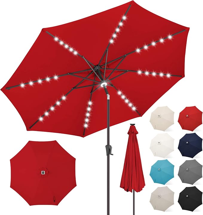 FLAME&SHADE Solar Patio Umbrella with Centre Light, 10 FT Red | UV Protection, Small Solar Outdoor Umbrella for Porch, Deck, Backyard, Garden, Provides Evening Lighting, 40 LED Lights