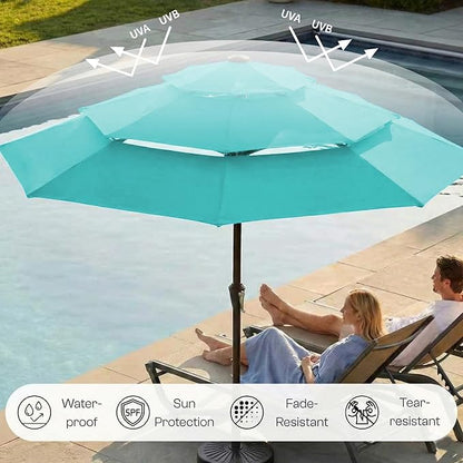 10ft 3-Tier Patio Umbrella with 32 Solar Powered LED Lights, Windproof Outdoor Market Umbrella for Deck, Poolside & Garden, Sturdy Push-Button Tilt Table Umbrella, Aqua Blue