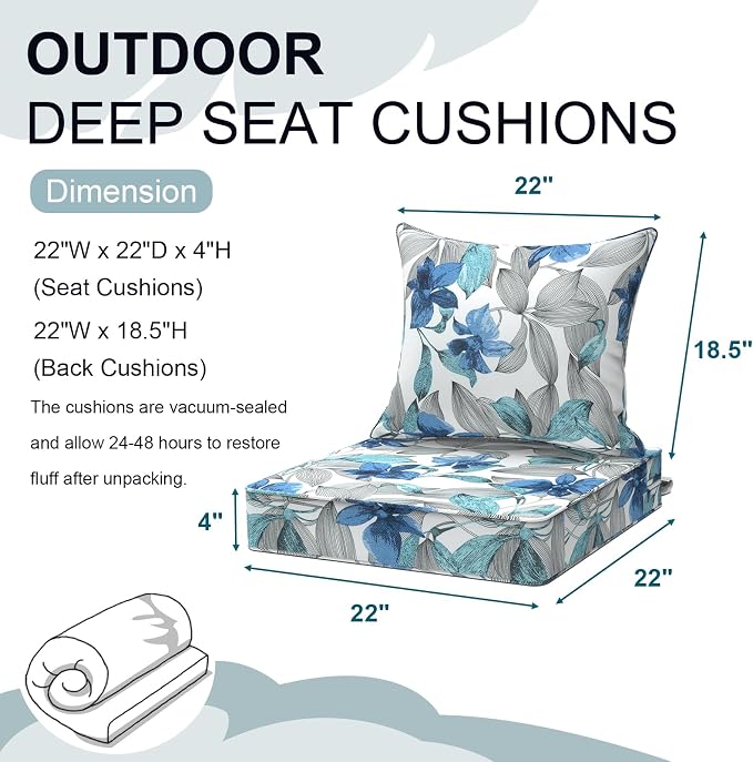 DYTXIII Outdoor Deep Seat Cushion Set, Water Repellent 22"x22" Patio Thick Cushions Replacement with Seat & Back Pillow for Patio Sofa, Wicker Chair, Couch - Clemens Noir Blue
