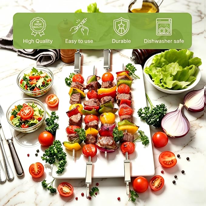 16.5" Metal Skewers for Grilling, Stainless Steel Flat Kabob Skewers | Reusable BBQ Skewers for Kebab Barbecue Grill with Push Bar and Rack, Heavy Duty Skewer Sticks for Outdoor Camping Cooking